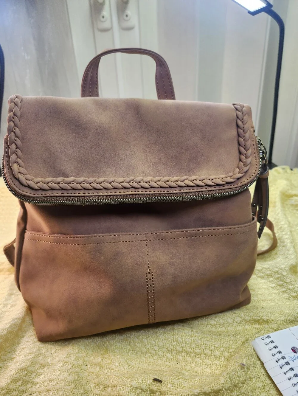 Women’s Blush Brown Faux Leather Backpack - Braided Flap